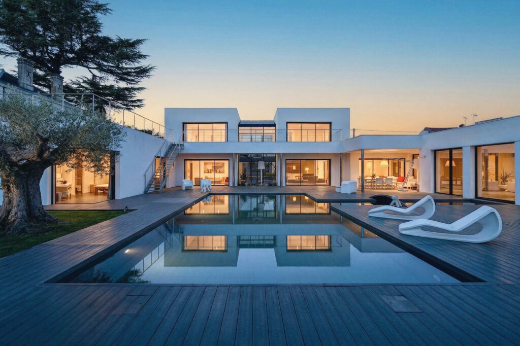 Maison moderne avec piscine au crépuscule